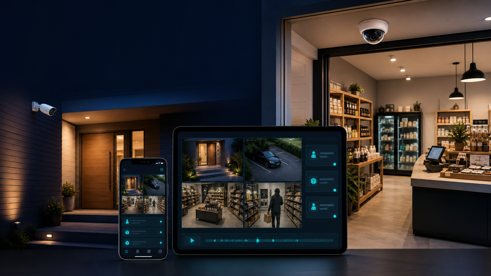 SecureWatch camera dashboard shown with home and small business security hardware